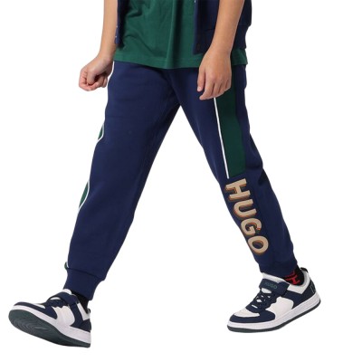 HUGO BOSS Navy and Green Jogging Bottoms with High Density Logo (G00183 V96)