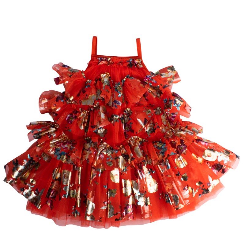 Angel's Face REMI FOIL FLORAL PRINT RUFFLE DRESS (SU26REMI TANGERINE)
